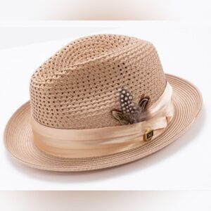 MONTIQUE MEN'S TAN COLOR PINCH BRAIDED FEDORA WITH MATCHING SATIN RIBBON. H34